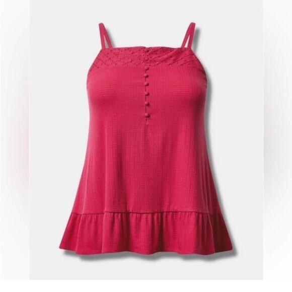 Torrid Cherries Jubilee Texture Knit Woven Eyelet Square Neck Swing Tank - Picture 4 of 8